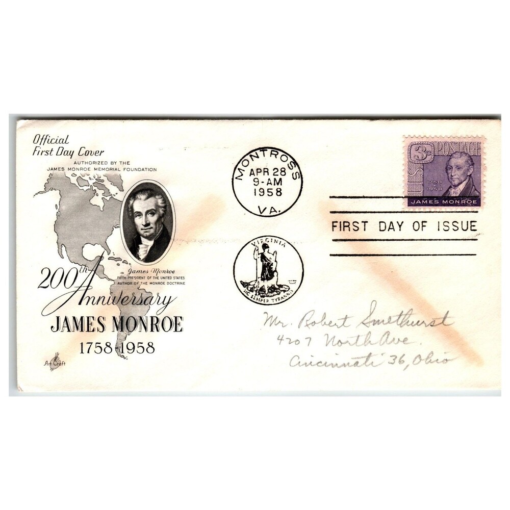 Scott #1091 1958 James Monroe 200th Anniversary FDC Artcraft